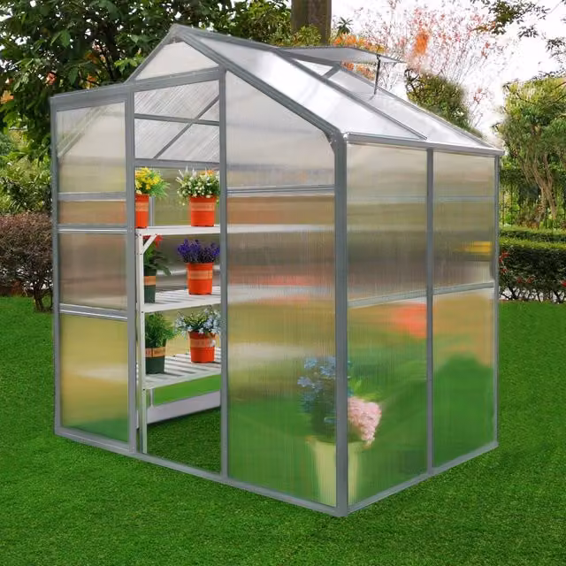 Monstershop Silver Polycarbonate Greenhouse with Aluminium Frame, Sliding Windows and Plant Hangers, W/D/H: 183 x 122 x 224 cm