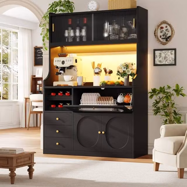 Merax Modern Black Kitchen Dresser with Integrated Lighting, Wine Rack and Glass Sliding Doors, H: 180 cm x W: 61 cm x D: 40 cm – 1