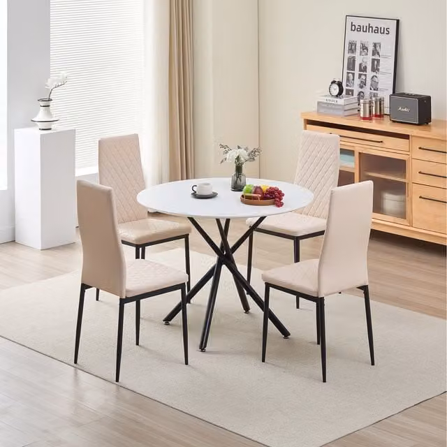 Madefor.living Seattle Round Dining Table with 4 Emily Leather Chairs in Beige and Yellow