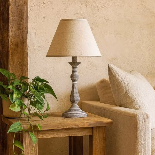 Wyld Haus Blesle Turned Wood Pedestal Table Lamp in Grey with Beige Fabric Shade – 1