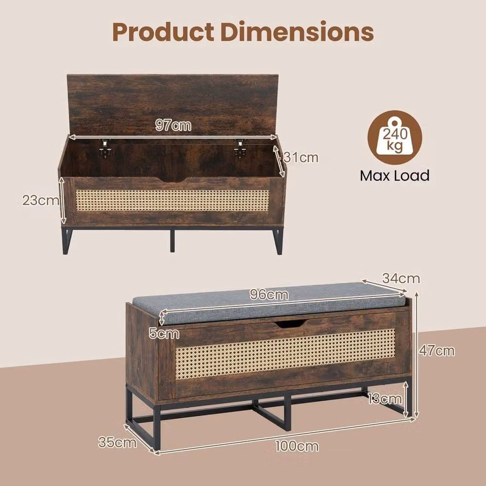 Kelvenix Brown Wicker Shoe Bench with Padded Fabric Seat – 2