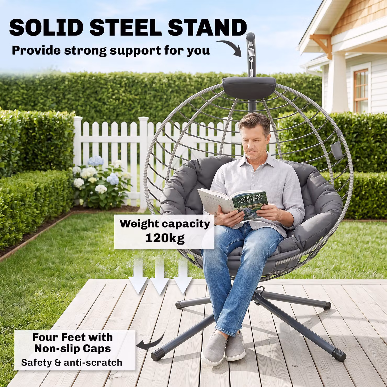 Outsunny PE Rattan Hanging Swing Chair with Metal Stand and Padded Cushion in Grey – 4