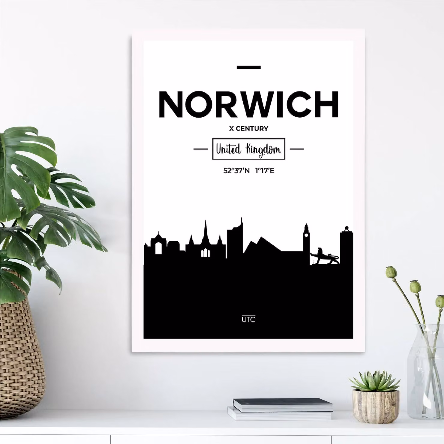 ARTZE Norwich Black and White City Skyline Framed Print with White Frame, A3 – 2