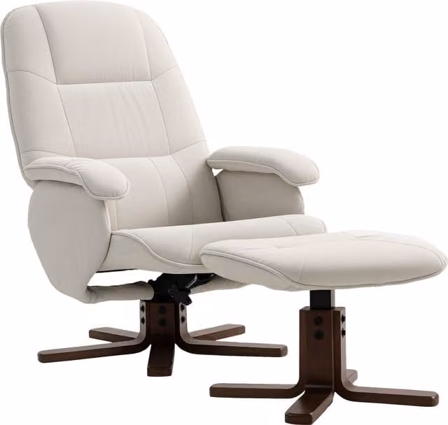 HOMCOM Reclining Swivel Chair and Footstool Set in Beige Linen Fabric with Wooden Base – 1