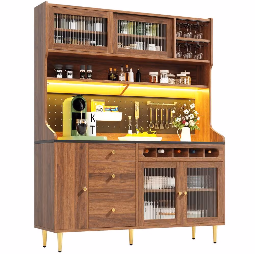 STILVORA Modern Tall Cabinet in Brown with Integrated LED Lighting and Sliding Glass Doors – 5