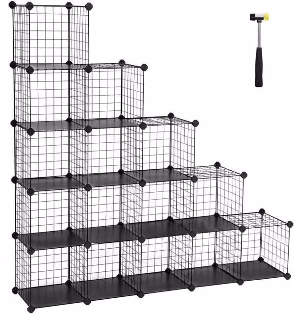 Kelvenix Black Metal Wire Cube Storage Organiser with Back Panel