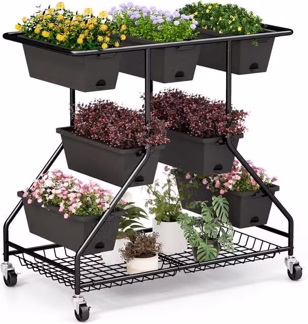 Gymax Rolling Vertical Raised Garden Bed with 7 Planter Boxes in Black