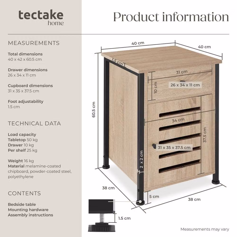 tectake Waterford Bedside Table in Light Oak with Shelf, Drawer and Cupboard, W/D/H: 40 x 42 x 60.5 cm – 6