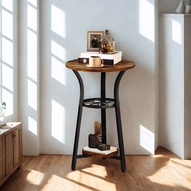 FURNOS 3 Tier Round Small Side End Table in Brown and Black, W/D/H: 38 x 38 x 56.5 cm