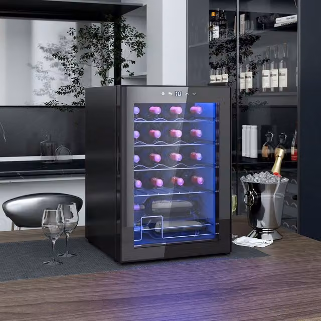 HOMCOM Wine Cooler Fridge with Glass Door and LED Light, 20 Bottle Capacity, Black