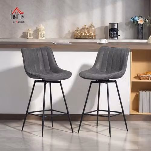 HOMCOM Set of 2 Grey Swivel Bar Stools with Backrest and Footrest, Height Adjustable – 2