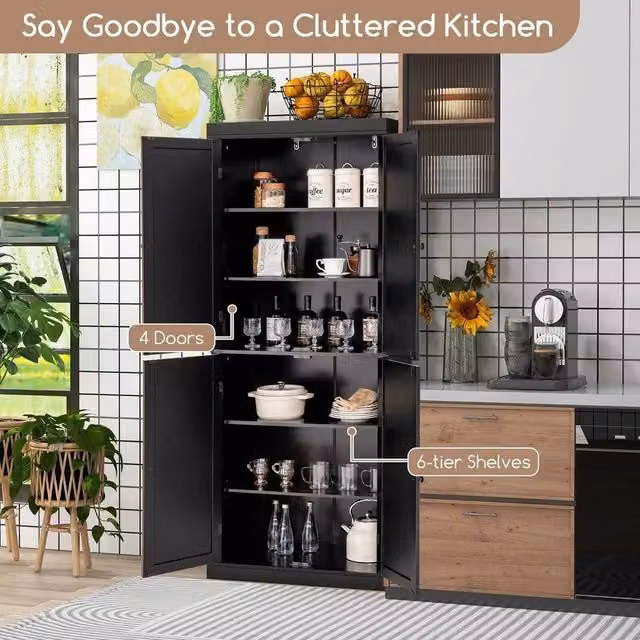 FORGEVIO Modern Freestanding Kitchen Buffet Sideboard and Tall Pantry Cabinet in Black and Multicolour