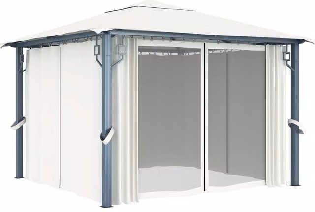 Berkfield Home Hip Gazebo with Curtains in Cream Aluminium, W/D: 300 x 300 cm