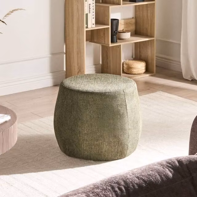 Wyld and Coco Dark Green Woven Fabric Drum Shape Pouffe Ottoman