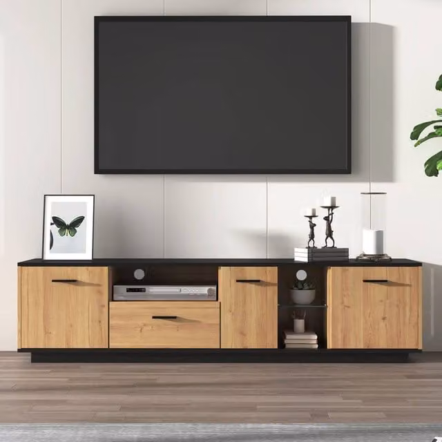 Merax Walnut TV Lowboard with Drawer, Glass Compartments and LED Lights, W: 180 cm, D: 45 cm, H: 40 cm