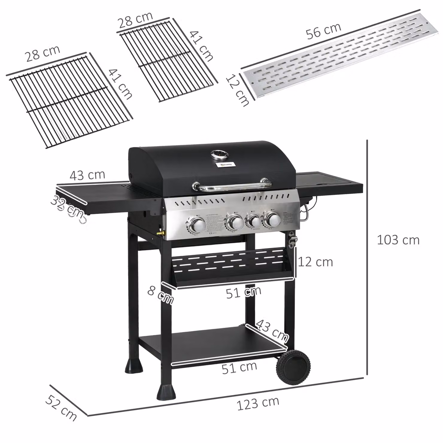 OUTSUNNY Propane Gas Barbecue BBQ Grill with Wheels, Warming Rack and Thermometer, Black, W/D/H: 123 x 103 x 52 cm – 3