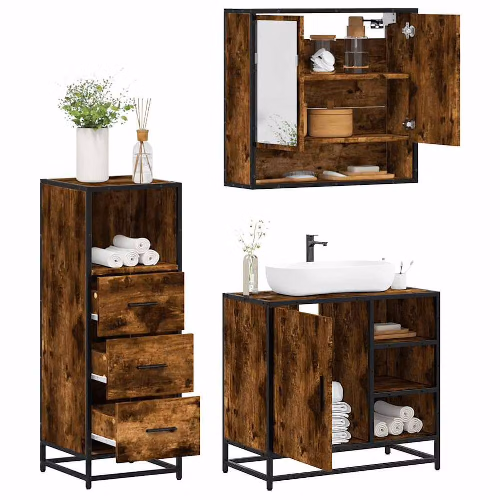 Berkfield Home 3 Piece Industrial Bathroom Furniture Set in Smoked Oak Brown – 2