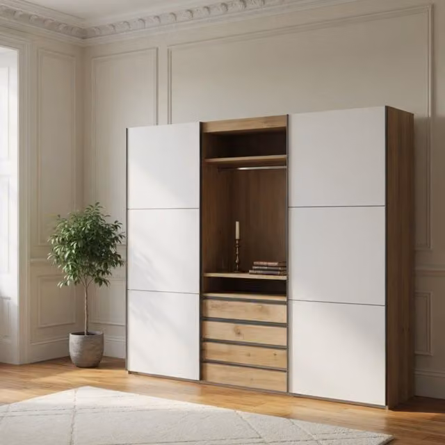 Magicglass 300cm Modern Sliding Wardrobe in White and Oak with Integrated Drawers