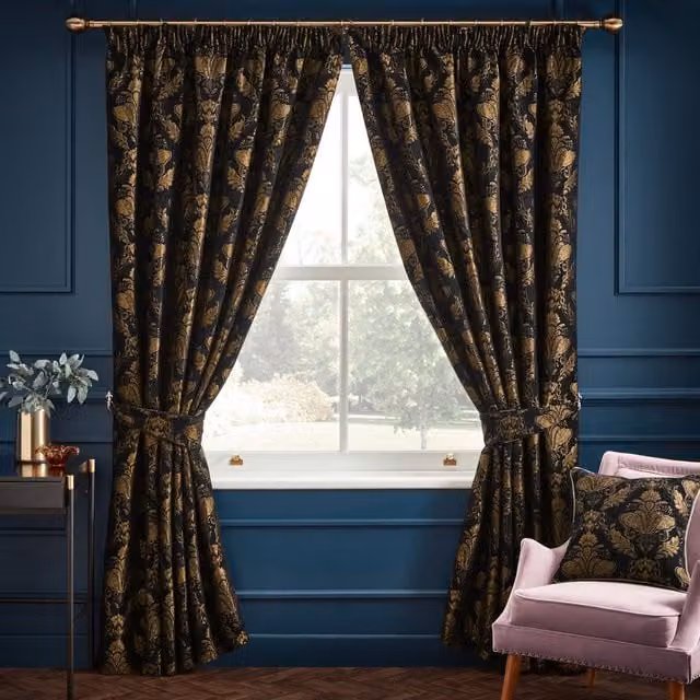 Terrys Shiraz Traditional Jacquard Floral Ready Made Curtains in Black and Gold