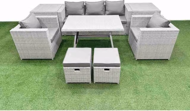 Fimous 9-Piece Outdoor PE Rattan Sofa and Dining Set with Cushions and Glass Tabletop, Light Grey