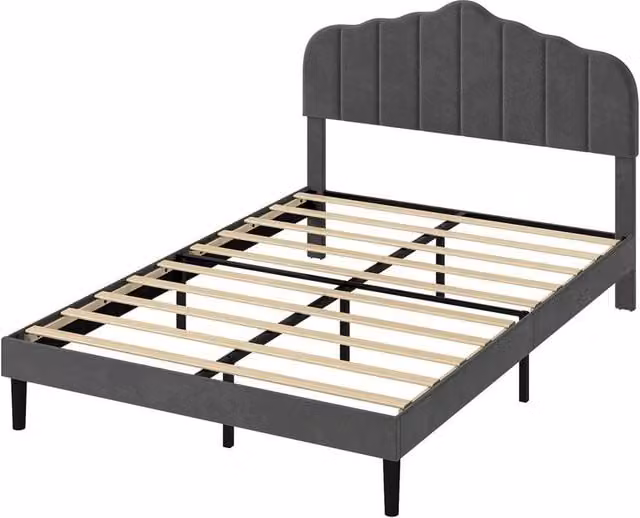 VOGREX Modern Upholstered Double Bed Frame with Scalloped Headboard in Grey