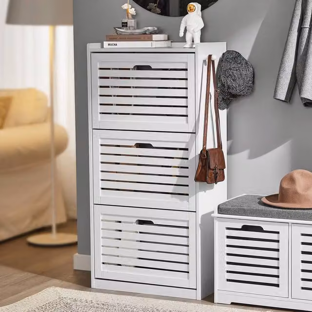 SoBuy Modern White Space-Saving Shoe Cabinet with Tilting Compartments and Internal Shelves – 1