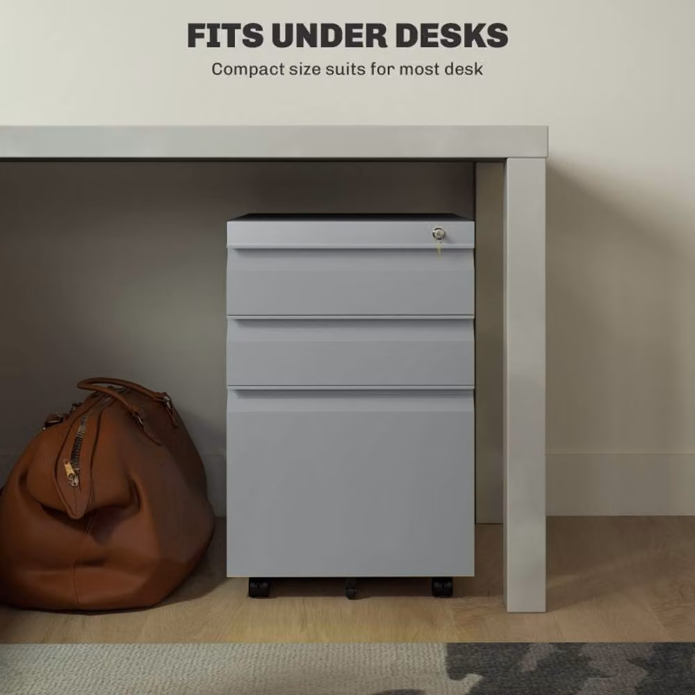 STILVORA 3-Drawer Metal Filing Cabinet with Lock and Castors, Grey, W/D/H: 48 x 39 x 60 cm – 5