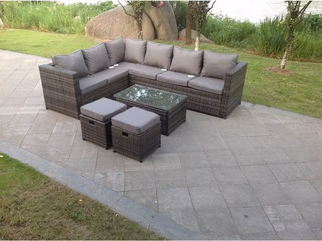 Fimous 8 Seater Rattan Corner Sofa Set in Dark Grey with Coffee Table, 2 Stools and Chair, Left Hand Facing – 1