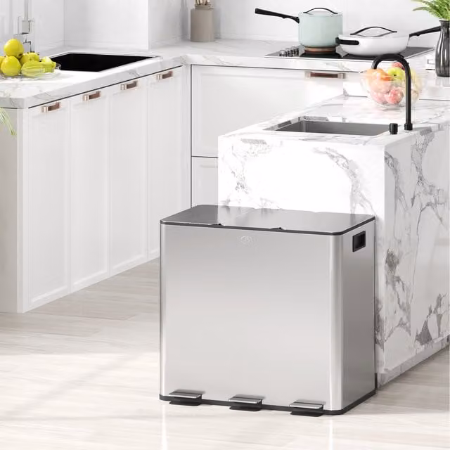 HOMCOM Triple Kitchen Pedal Bin with Removable Inner Buckets, Stainless Steel, Silver, W: 36.6 cm, H: 45.0 cm