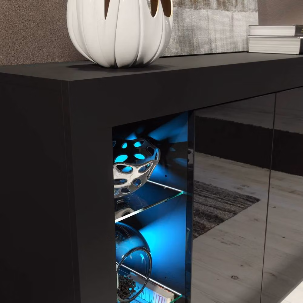 FORGEVIO Modern Black Gloss TV Unit Sideboard with Integrated Lighting – 4