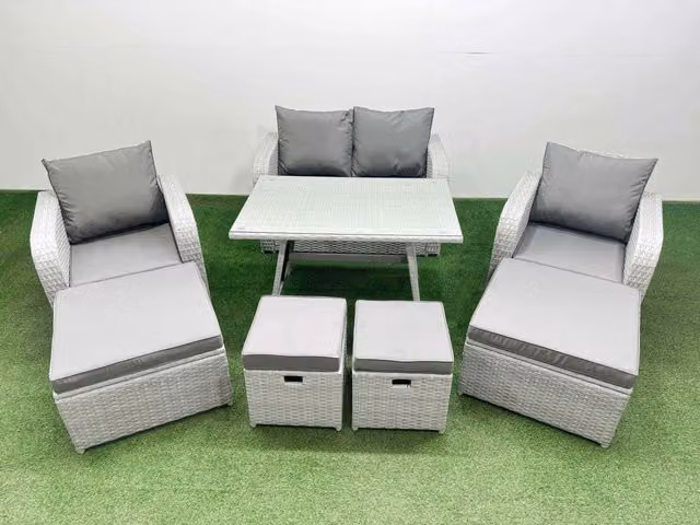 Fimous 8-Seater Patio Rectangular Table, Sofa Set and 4 Stools in Light Grey