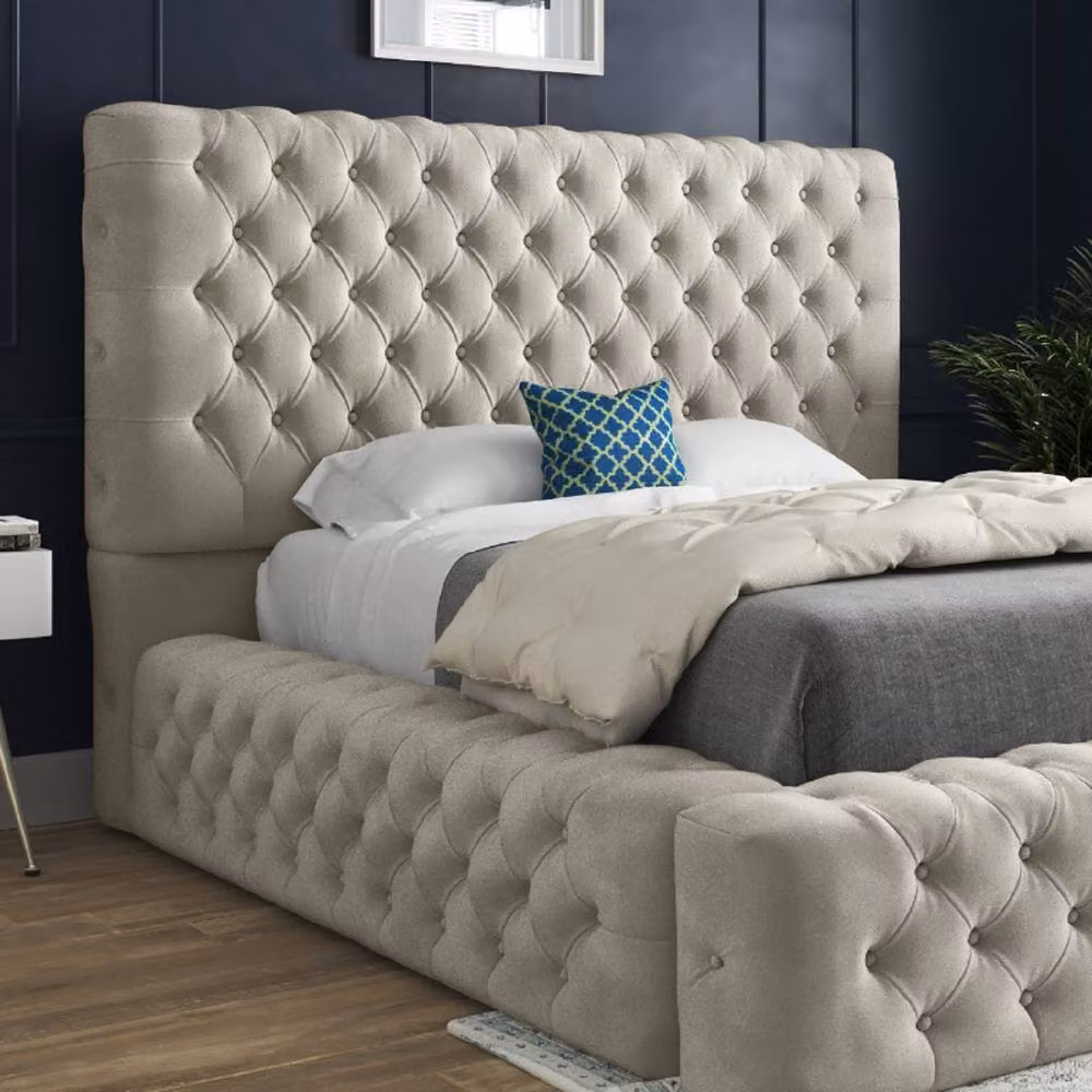 Casani Worcester Pleated Upholstered Designer Bed Frame in Beige, W/D/H: 180 x 201 x 137 cm – 3
