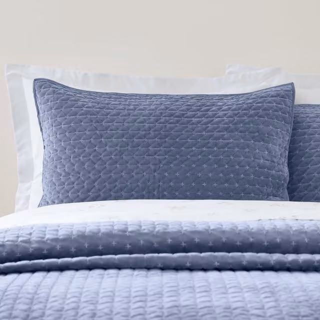 Bianca Attica Velvet Embroidered Pillow Sham Pair in Blue – 1