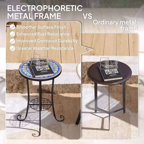 Outsunny Blue Mosaic Garden Bistro Table with Shelf, Round Ceramic Top – 6