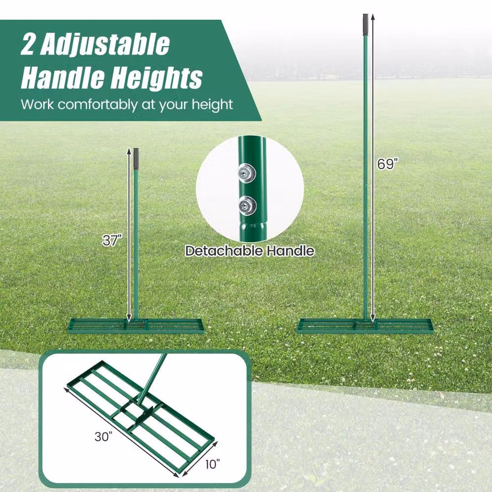 Costway Heavy-Duty Metal Lawn Leveling Rake with Adjustable Handle in Green – 2