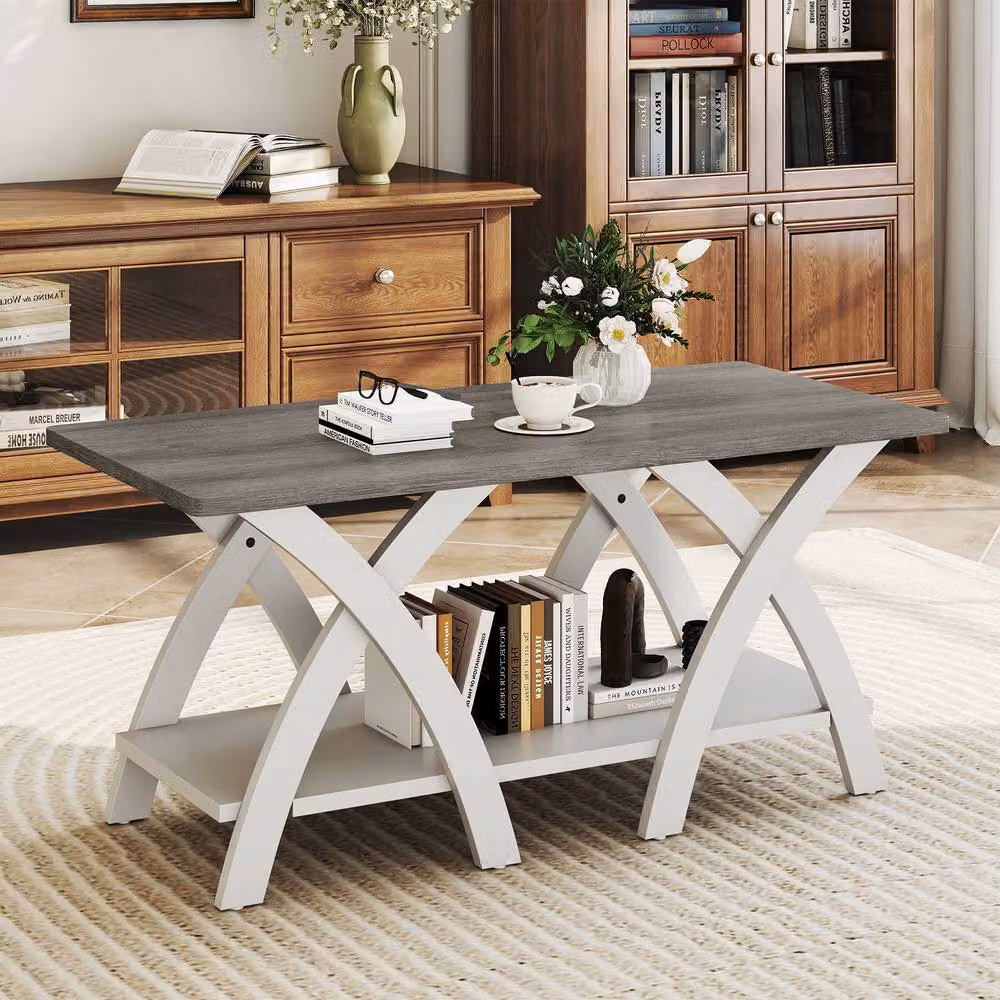 Gymax White Farmhouse Wooden Accent Coffee Table with Storage Shelf – 6