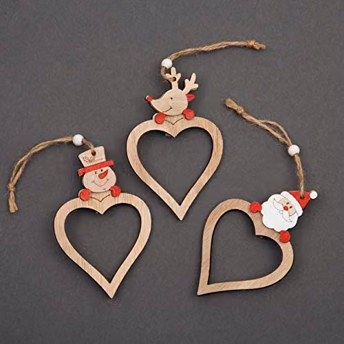 Shatchi Set of 3 Gold Wooden Heart Shaped Christmas Tree Ornaments Featuring Santa, Reindeer and Snowman Figures