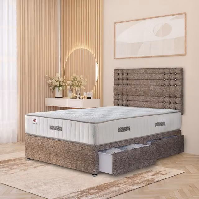 Somnior Beds Ltd Saville Tweed Fabric Divan Bed Set with Headboard and Drawers, Brown, W/D/H: 180 x 200 cm