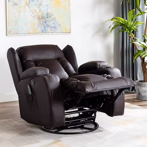 More4Homes Caesar Bonded Leather 10-in-1 Winged Recliner Chair with Heat, Massage, Rocking and 360 Swivel Function in Brown – 6