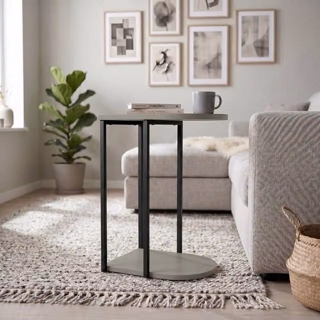 Decortie Roya Half-Round Side Table with Green Metal Frame and Composite Top, W/D/H: 56.0 x 32.0 x 41.5 cm
