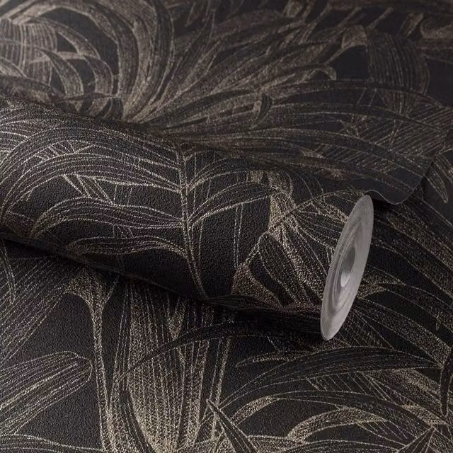 Grandeco Jungle Leaves Aliare Botanical Floral Textured Vinyl Wallpaper in Black