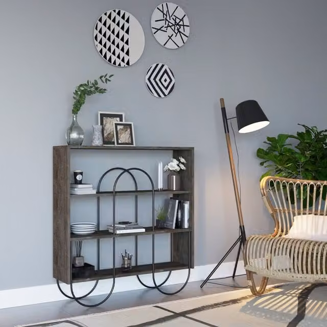 FWStyle Modern 4 Shelf Display Shelving Unit with Curved Metal Frame in Dark Coffee