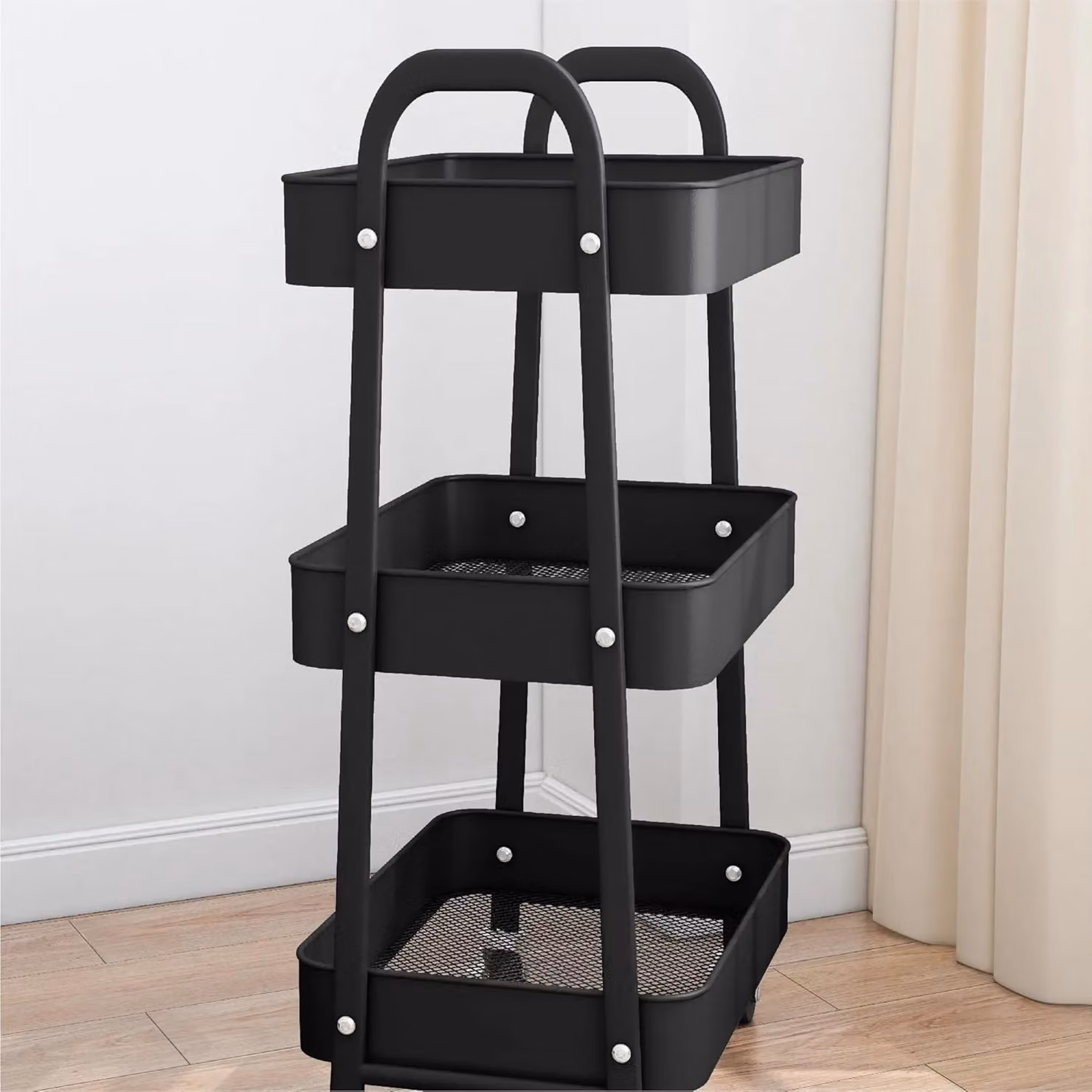 Simpa 3 Tier Metal Multipurpose Wheeled Storage Tray Cart in Black, H 78.5 x W 46 x D 30.5 cm – 4