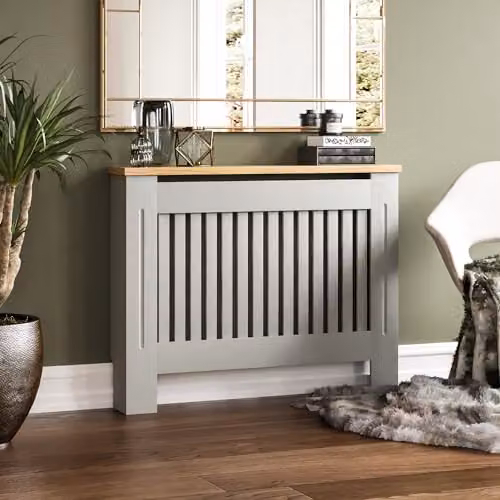 Vida Designs Arlington Radiator Cover in Olive Grey with Wood Top Shelf, H83 x W111 x D19 cm – 3