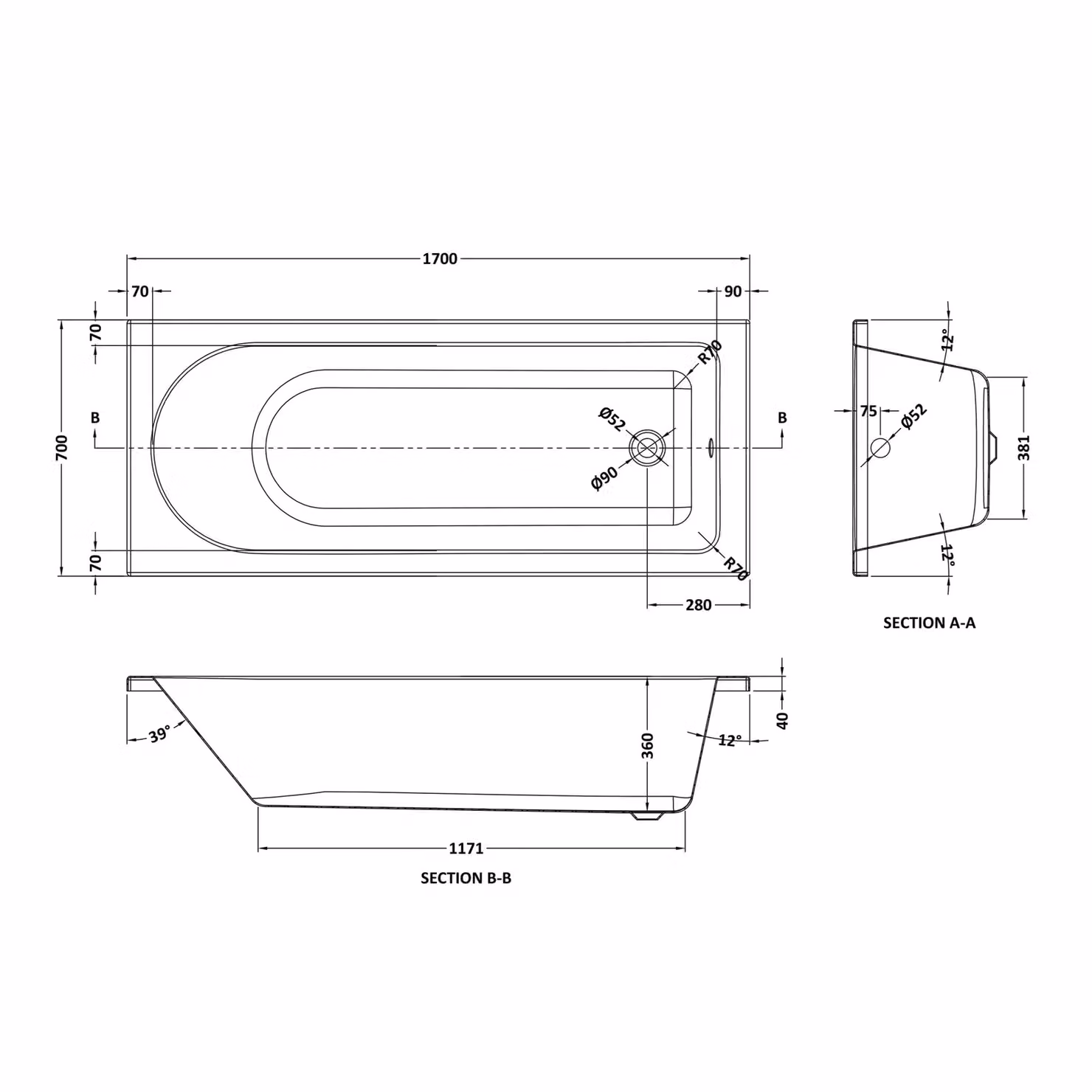 Balterley Round Single Ended Straight Shower Bath with Leg Set, White, W/D: 1700 x 700 mm – 2