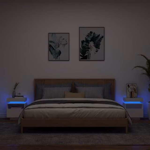 Berkfield Home Set of 2 Modern White Bedside Cabinets with Integrated LED Lighting, W/D/H: 40 x 39 x 48.5 cm – 1