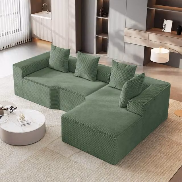 Dprodo Green Corduroy Right L-Shaped Modular Sofa with Scatter Cushions, Width: 320 cm