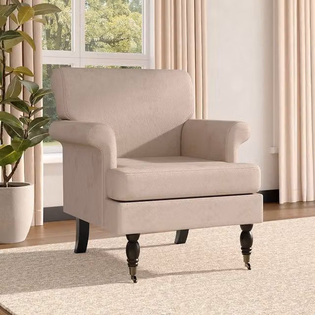 Livingandhome Classic Velvet Armchair with Armrests and Solid Wood Frame in Beige