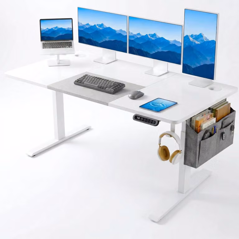 DHS Electric Height Adjustable Standing Desk with Wood Top in White and Grey, W/D/H: 160 x 70 x 72 cm