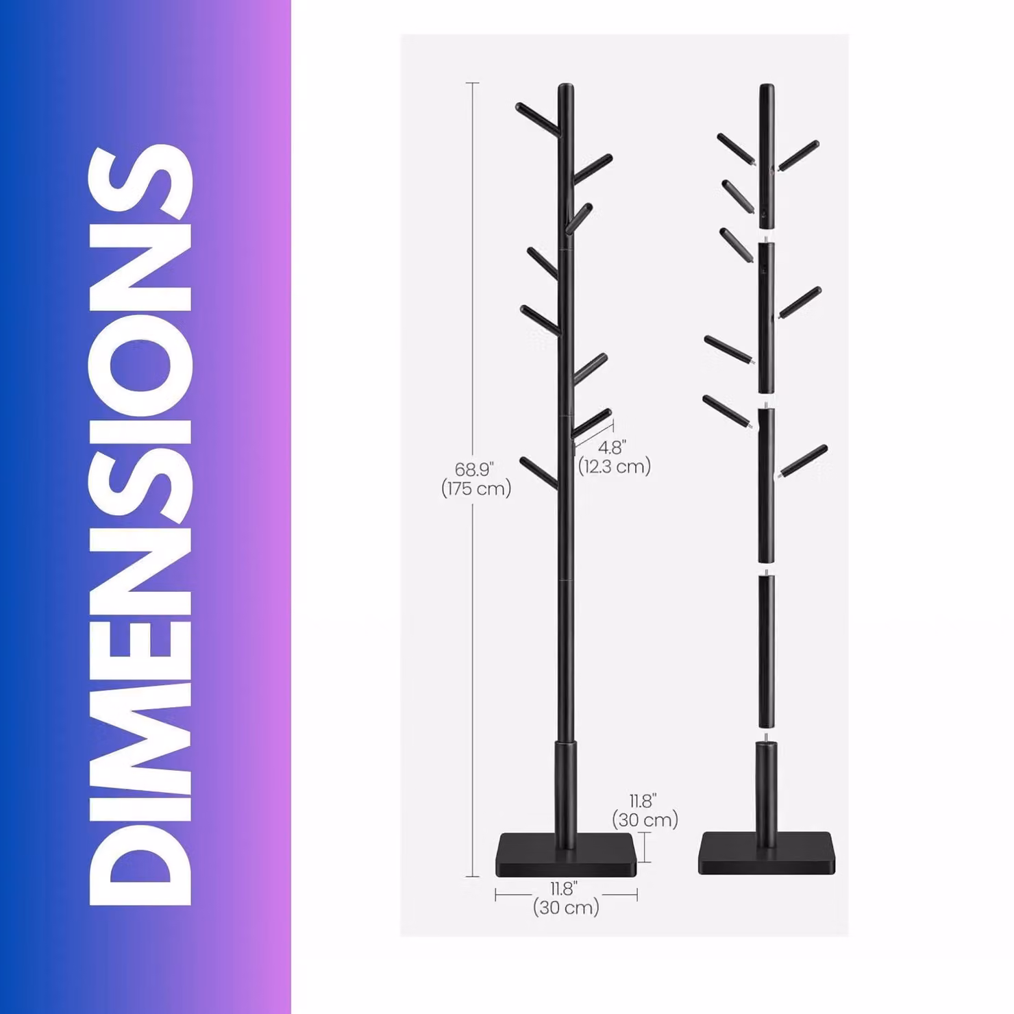 FURNOS Black Lacquered Rubberwood Coat Stand with 8 Hooks and Square Base – 2